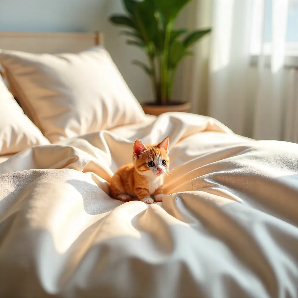 Top-Down View: Plastic Kitty on Silk Bed in Modern Apt