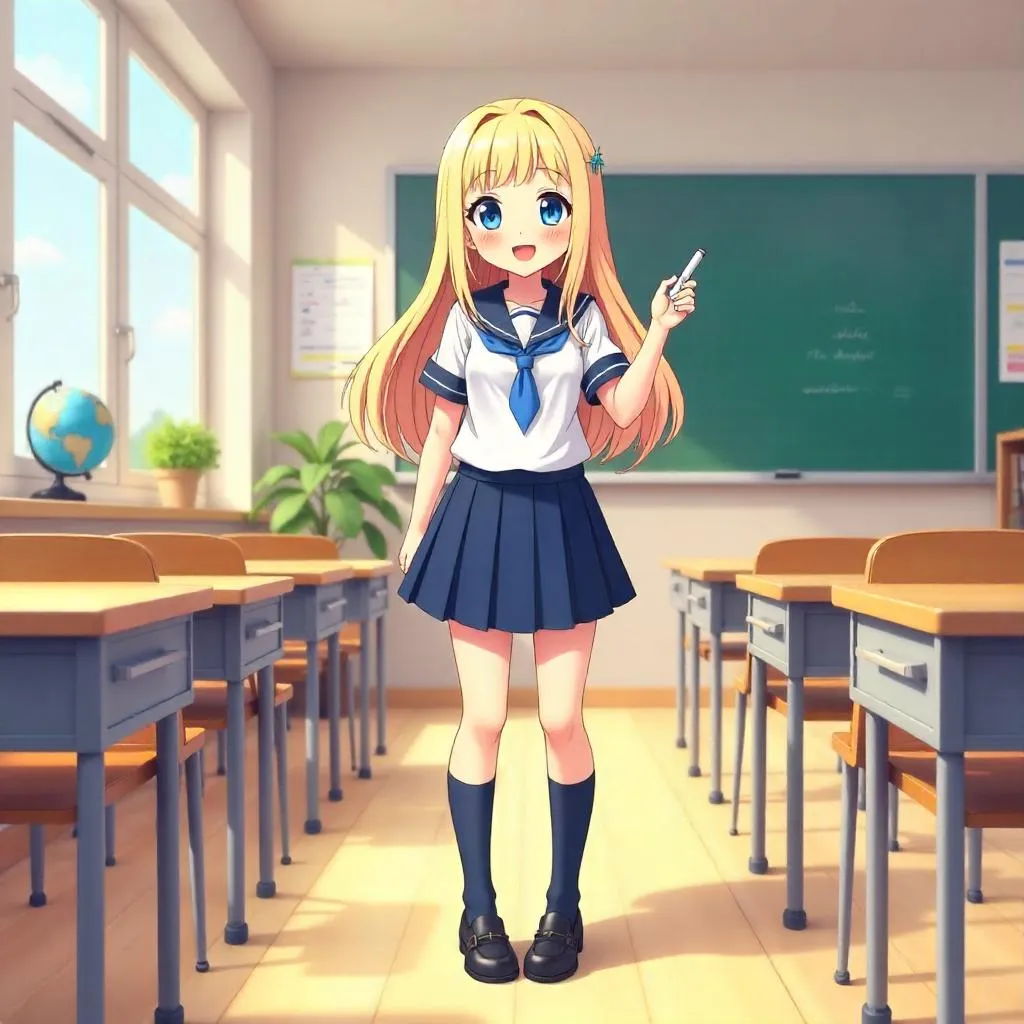Cheerful Anime Girl in a Bright Classroom