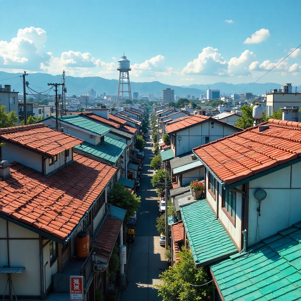 Vivid Japanese Rooftops and Water Tower on a Clear Day