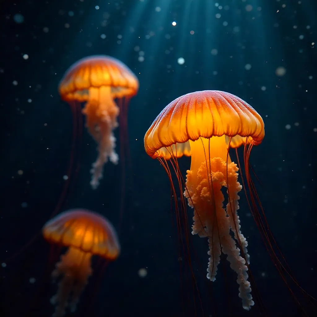 Mesmerizing Glow: Orange Jellyfish in Dark Waters