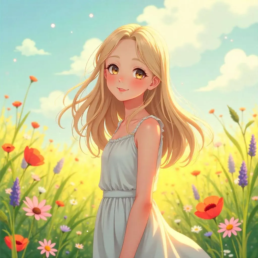Fair-Skinned Anime Girl in a Field of Flowers