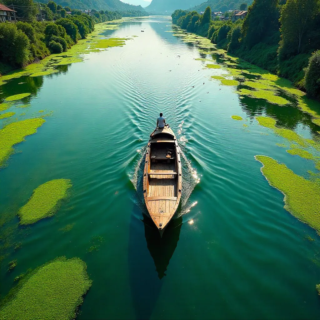 Aerial Boat Amid Algae-Covered River