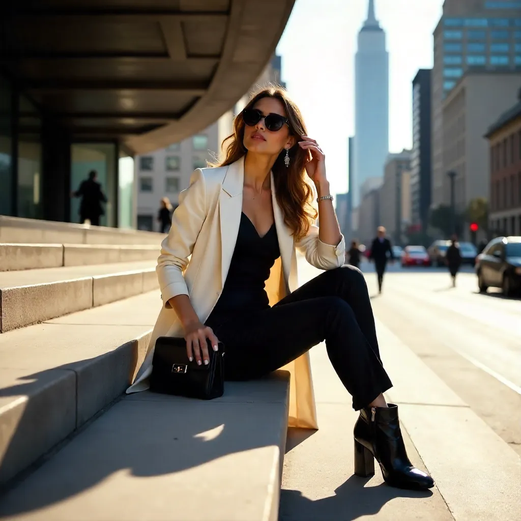 Fashionable Woman on Modern Urban Steps Under Architecture
