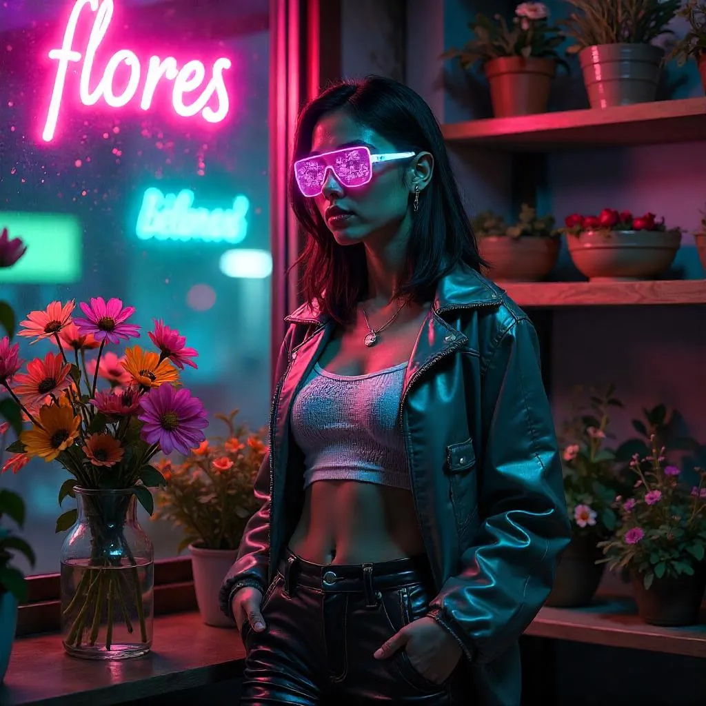 Neon Bloom: Cyberpunk Latina in a Flower Shop