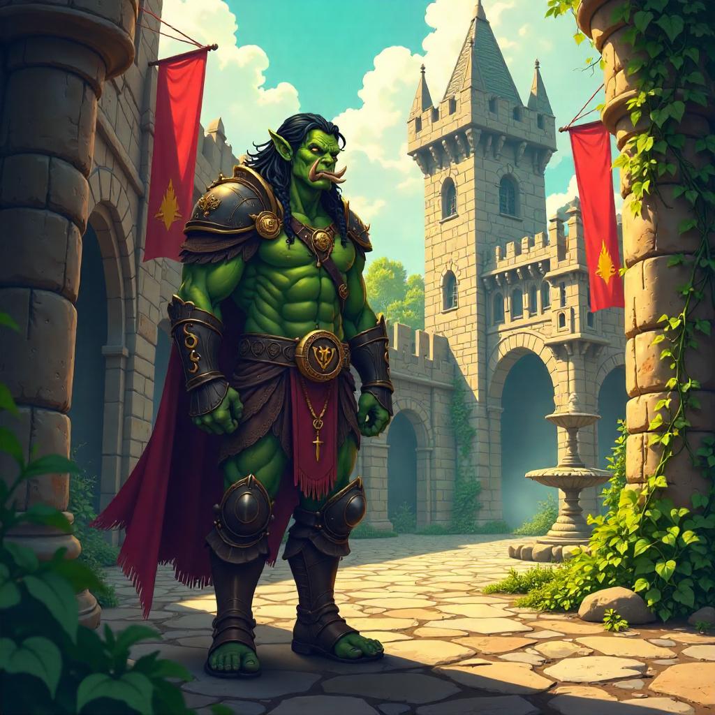 Anime Orc in a Castle Courtyard