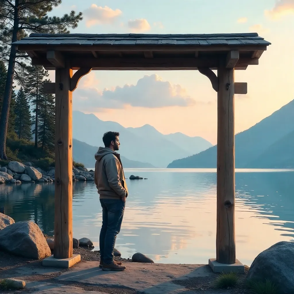 Gazing Across Water and Mountains under a Pavilion