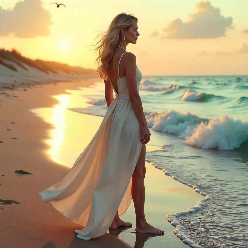 Elegant Beach Concept Art: A White-Skinned Woman at Sunset