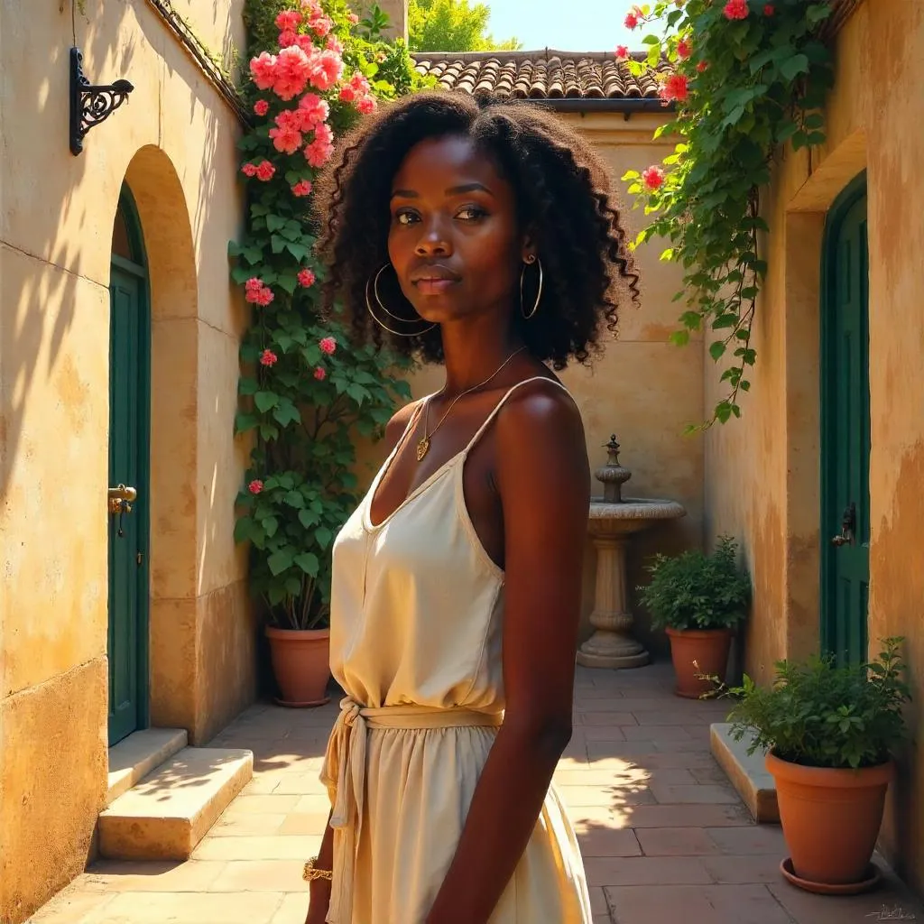 Sunlit Courtyard Portrait of a Young Black Woman
