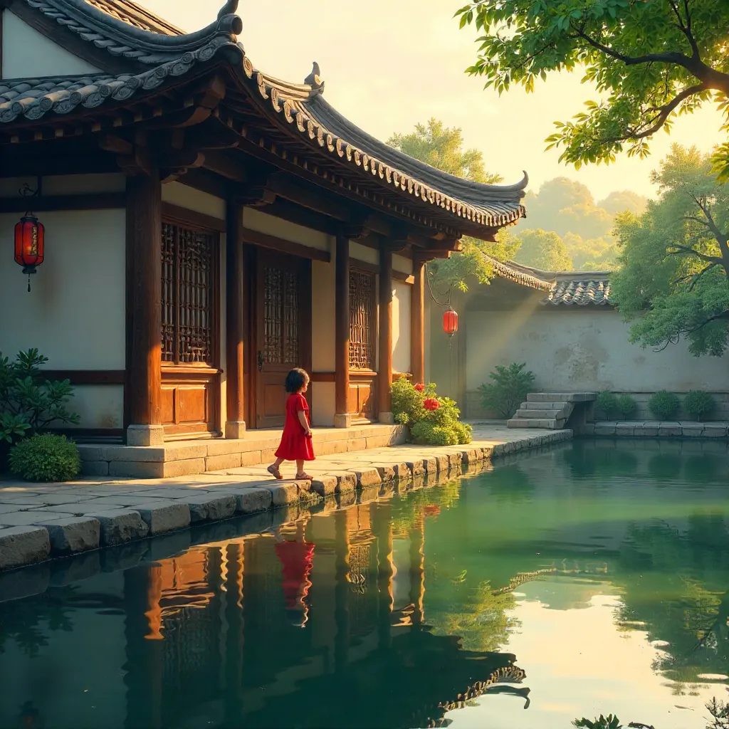Red-Clad Child by a Water-Reflected Wooden Building