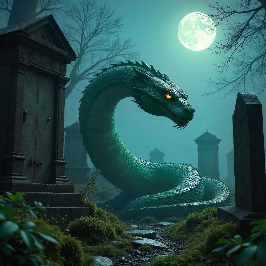 Moonlit Basilisk in a Graveyard - 3D Render