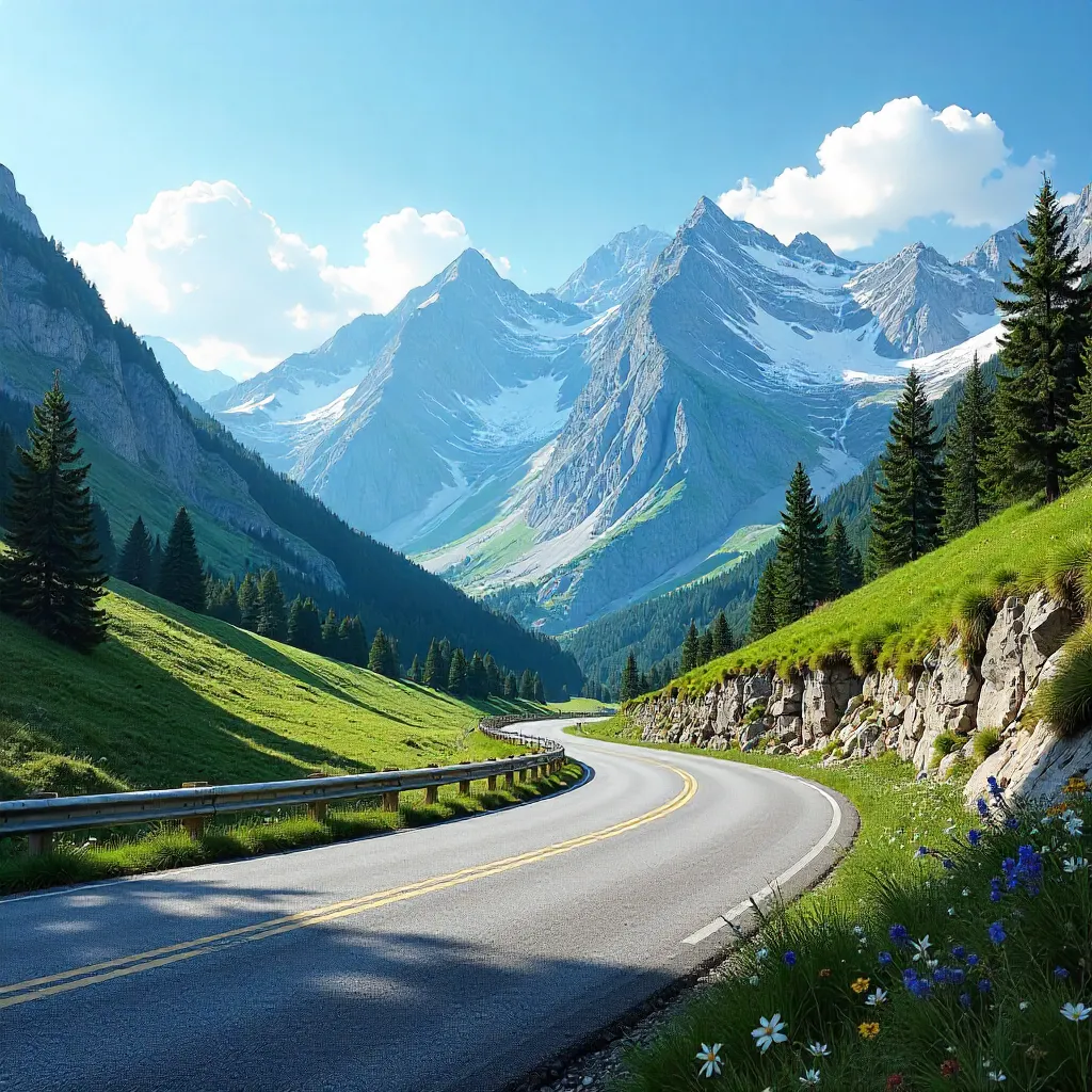 Winding Mountain Road under a Clear Blue Sky