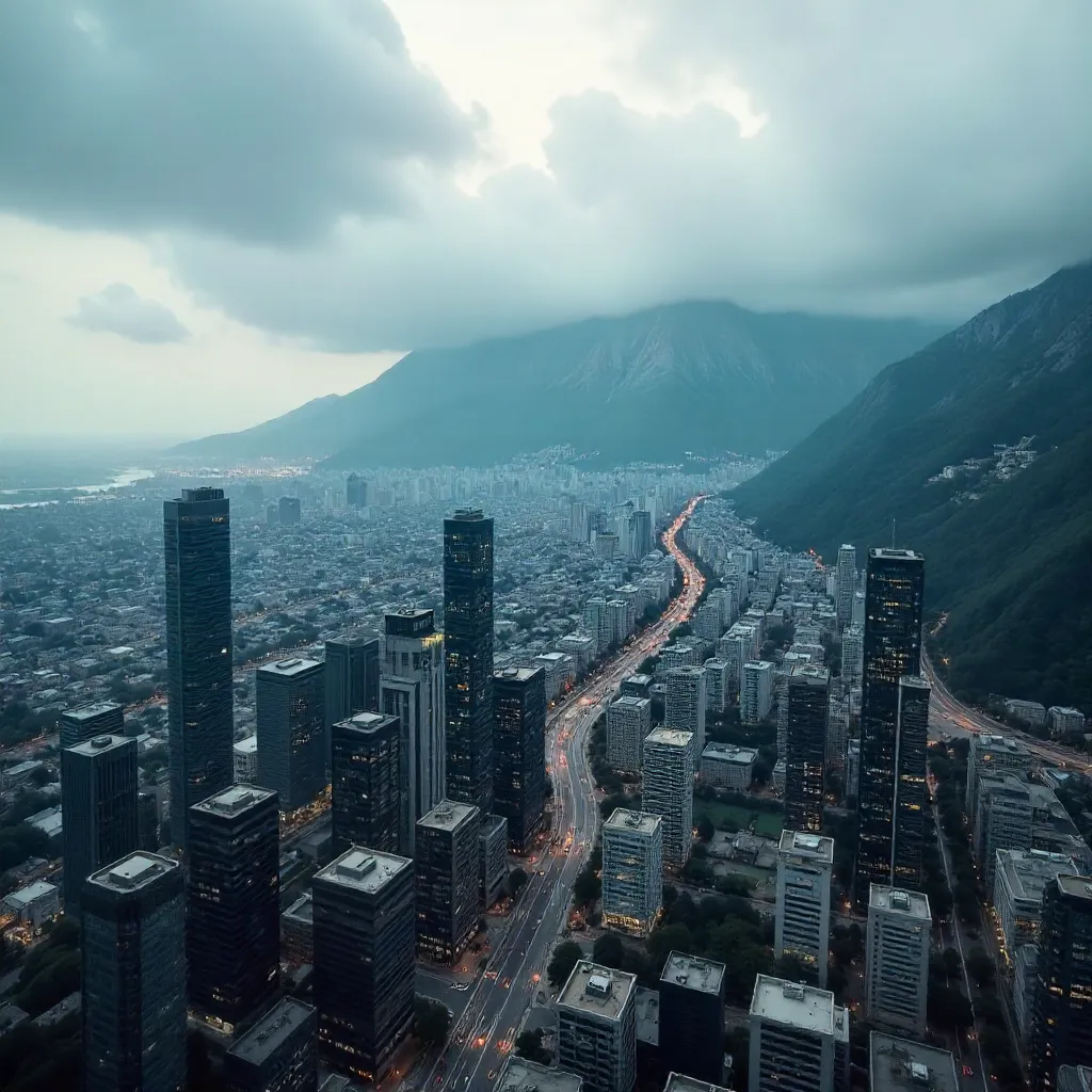 Aerial Cityscape Beneath Cloudy Skies and Mountain Backdrop