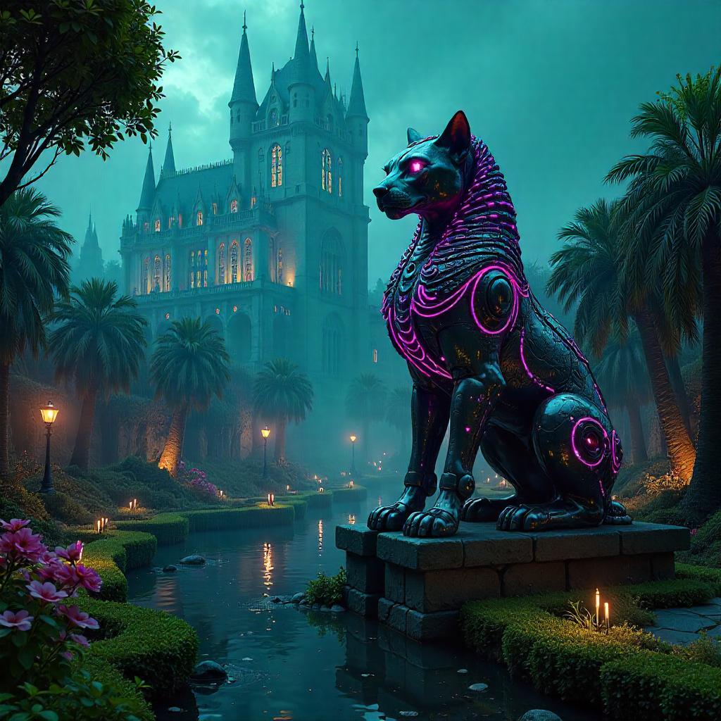 Cyberpunk Sphinx in a Castle Garden