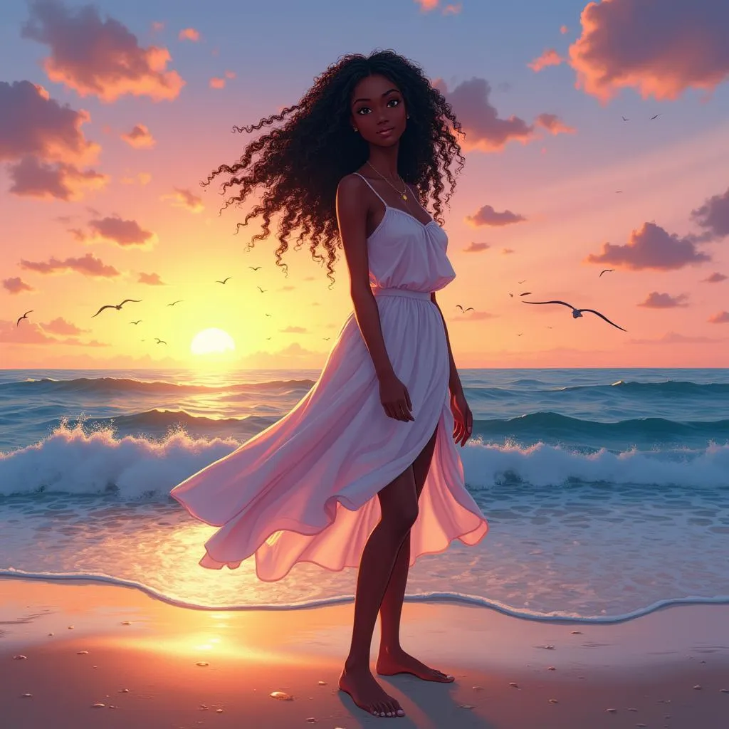 Ocean Breeze: Anime Black Woman by the Sea