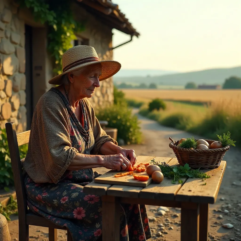 Elderly Rural Woman Preparing Vegetables at Golden Hour