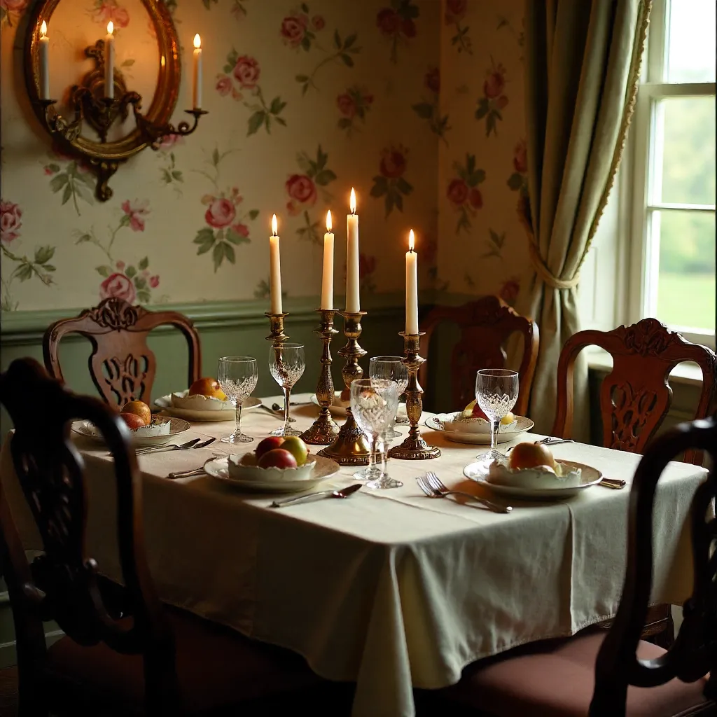 Vintage Dining Room with Candlesticks and Floral Wallpaper