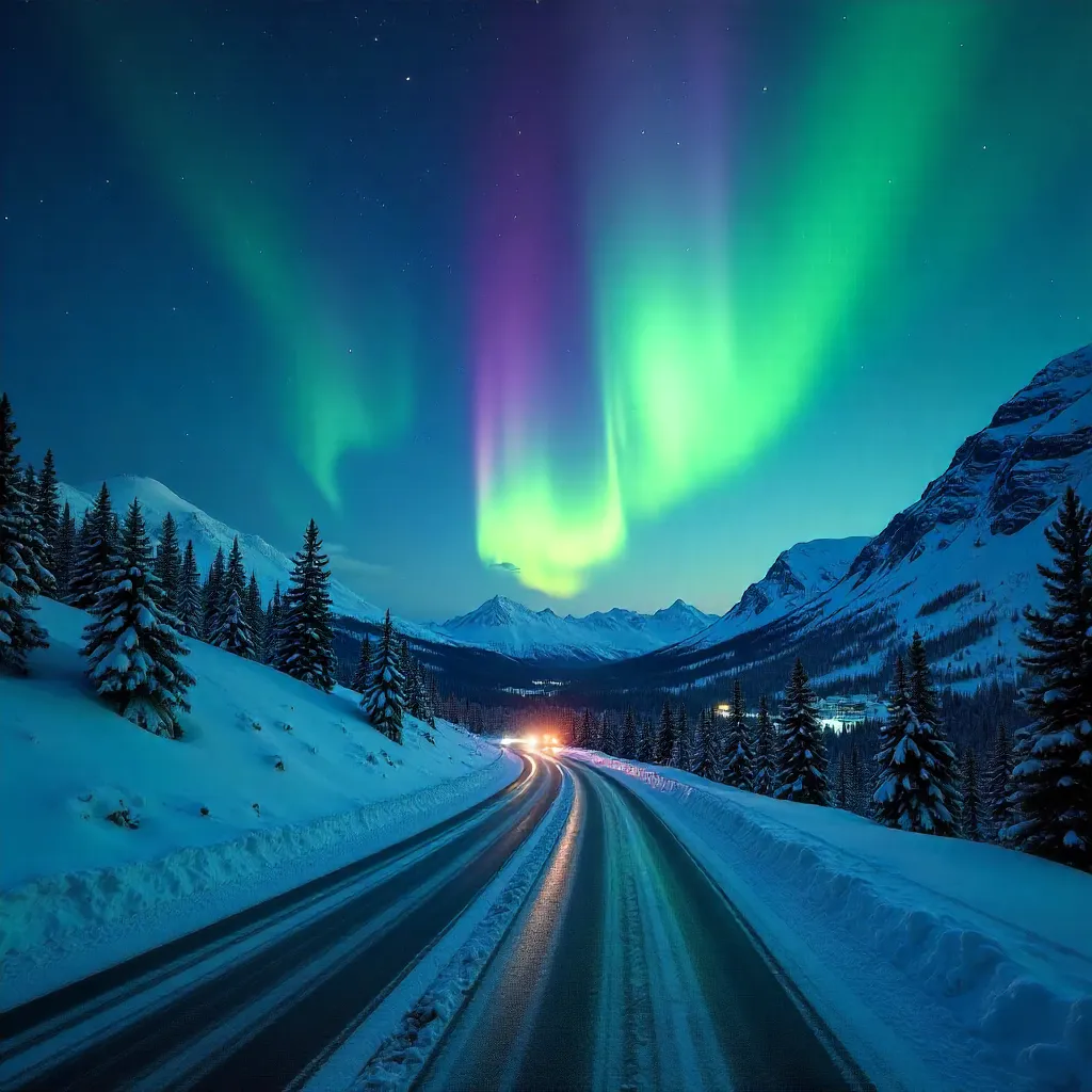 Aurora Over a Winding Nordland Road at Night