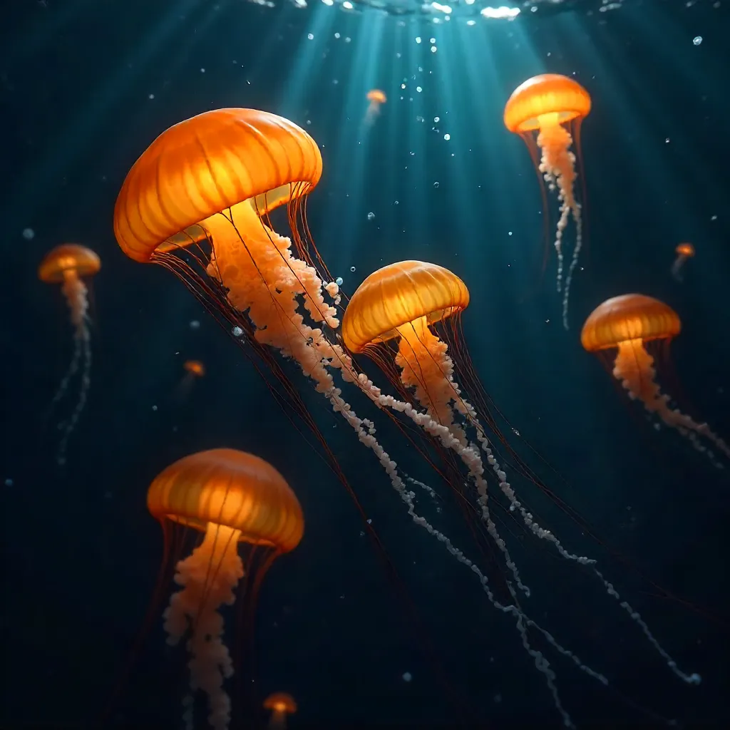Glowing Orange Jellyfish in Dark Ocean Depths