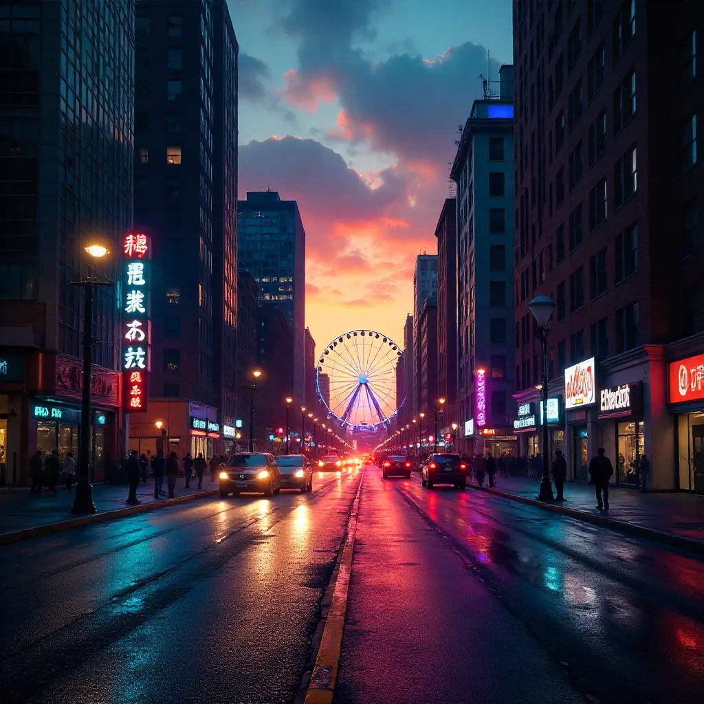 Twilight Street with Distant Ferris Wheel