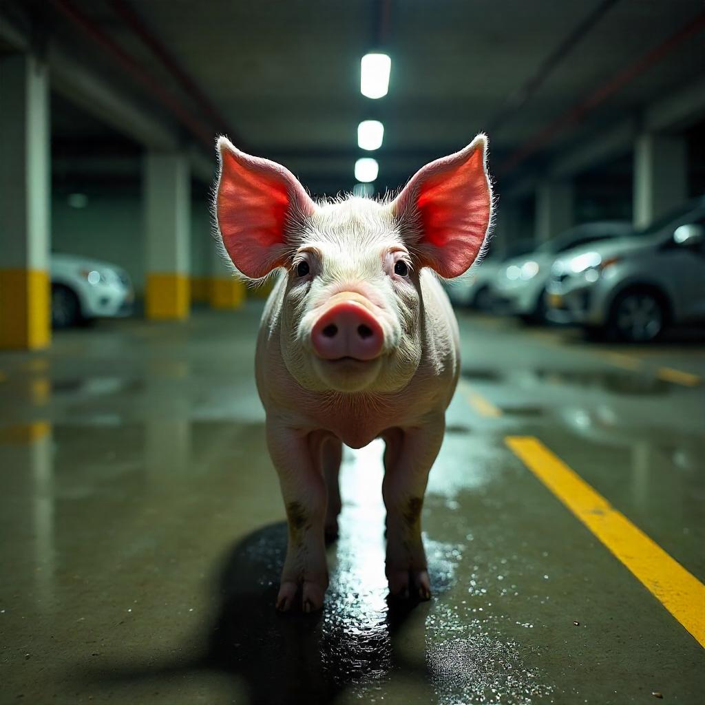 Photorealistic Pig in a Parking Garage