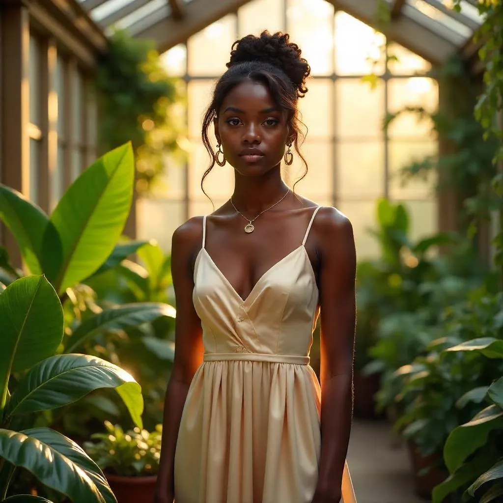 Elegant Black Girl in a Sunlit Greenhouse