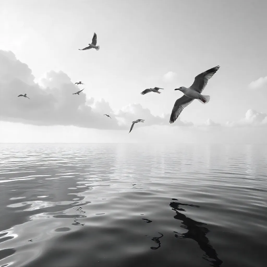 Monochrome Seagulls Over a Calm Ocean