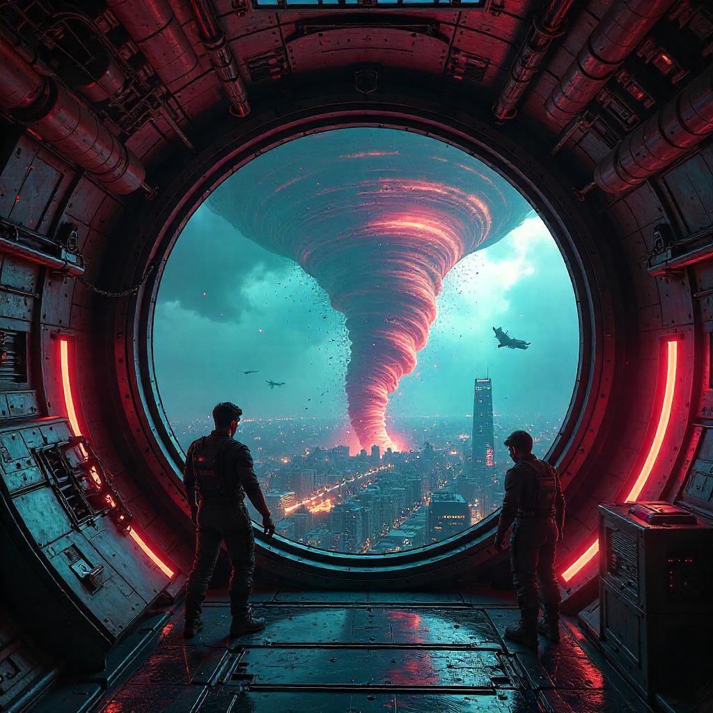 Neon Tornado in a Cyberpunk Spaceship
