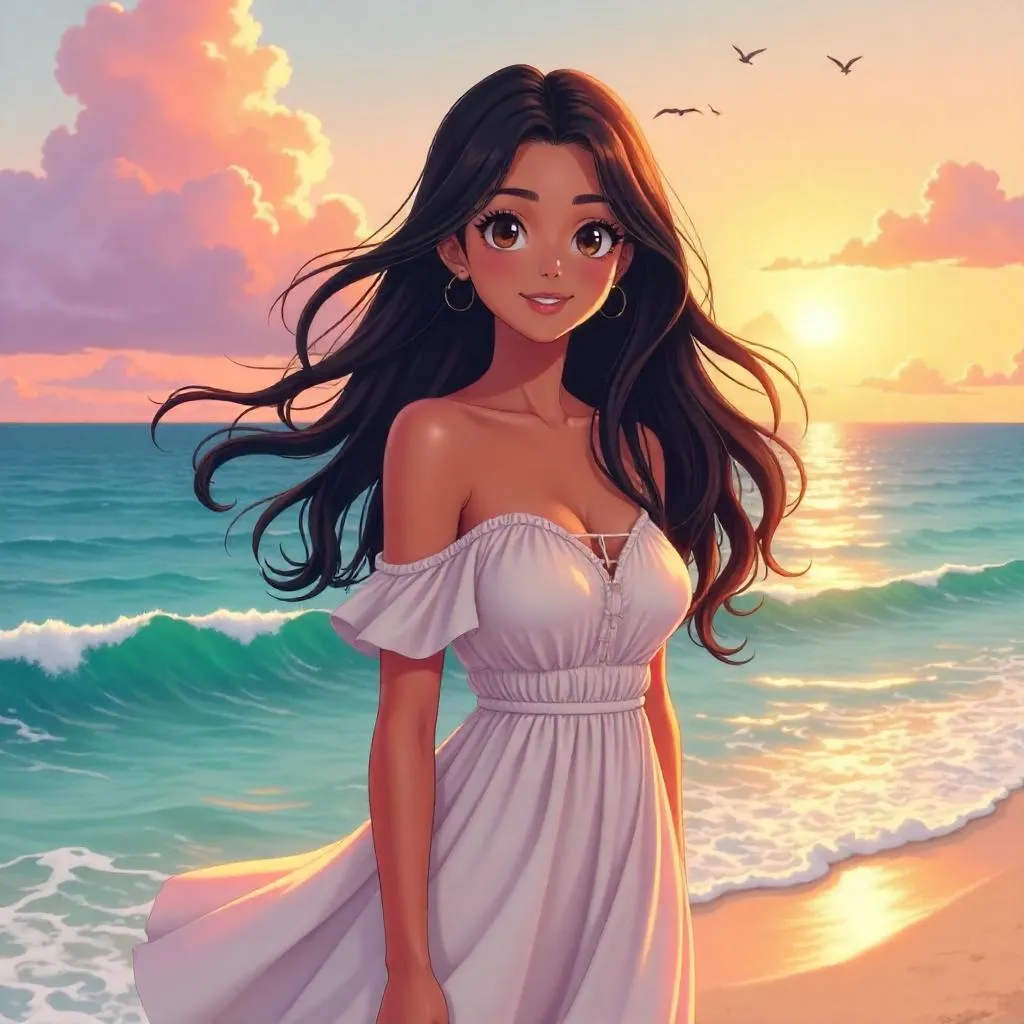 Latina Woman by the Ocean: An Anime Portrait
