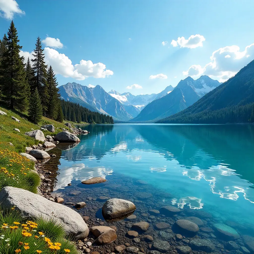 Expansive Mountain Lake Under a Vibrant Sky