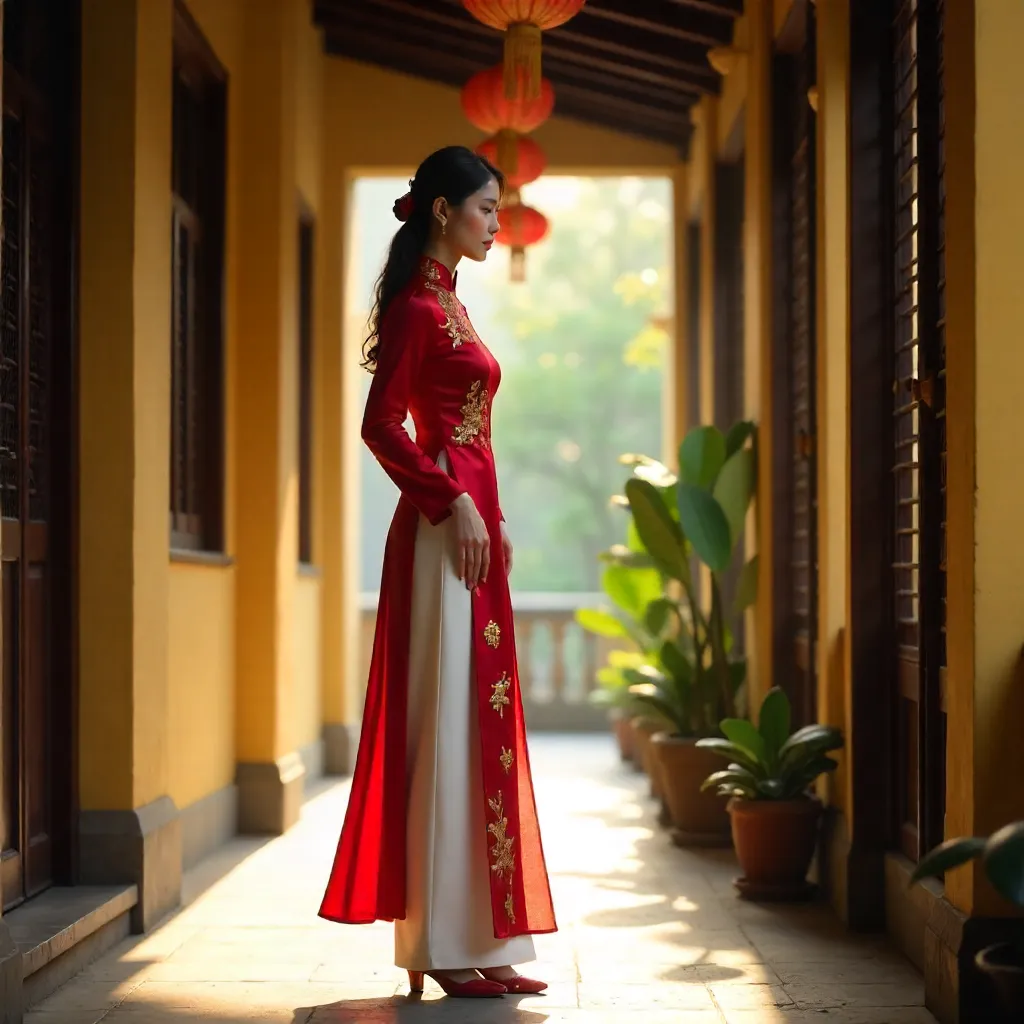Elegant Ao Dai in a Hanoi Corridor