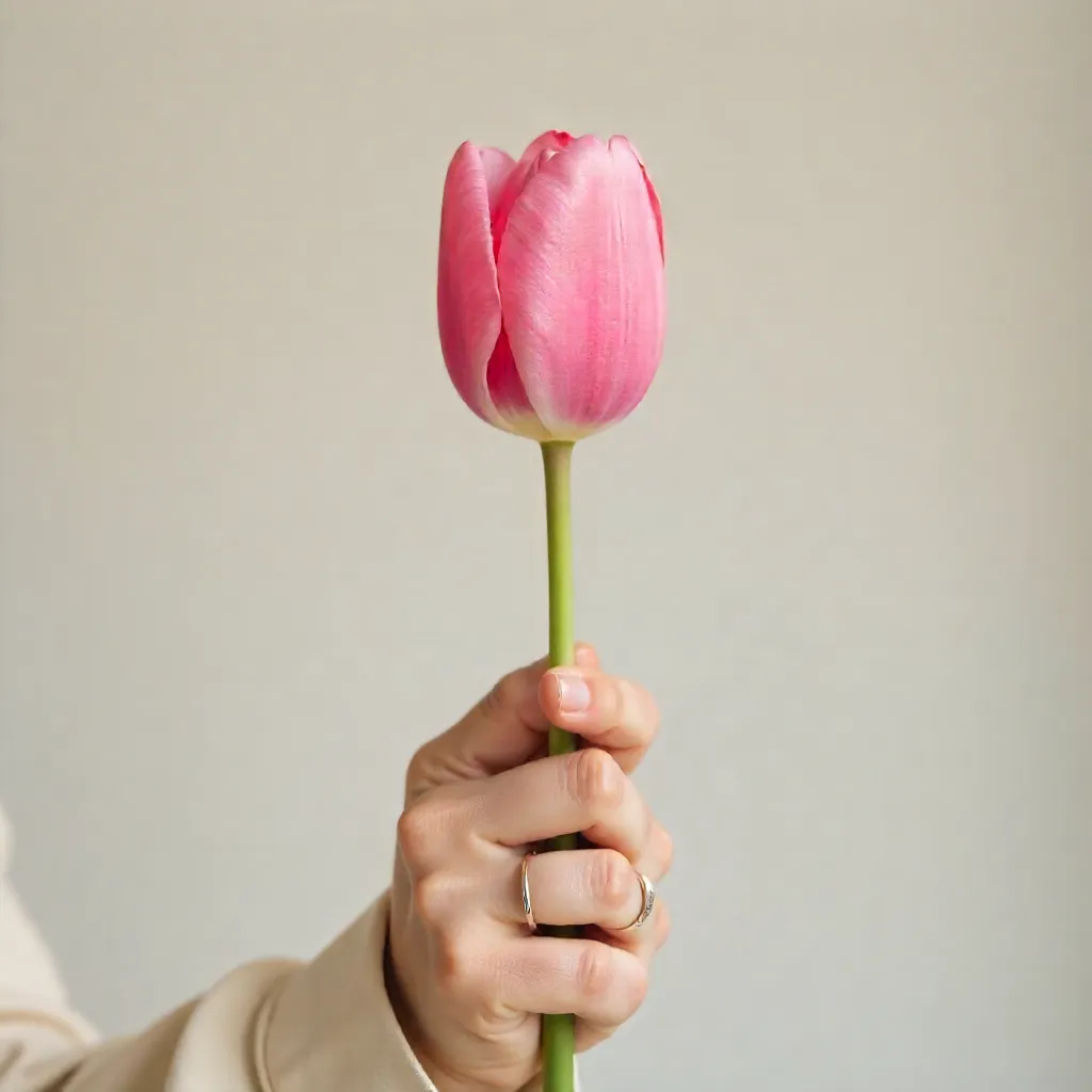 Minimalist Close-Up: Hand, Pink Tulip, Beige Shirt