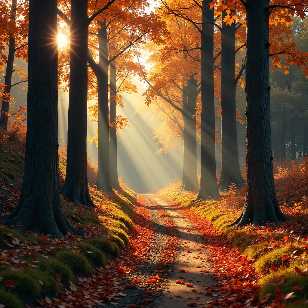 Autumn Tranquility: Forest Path in Golden Light