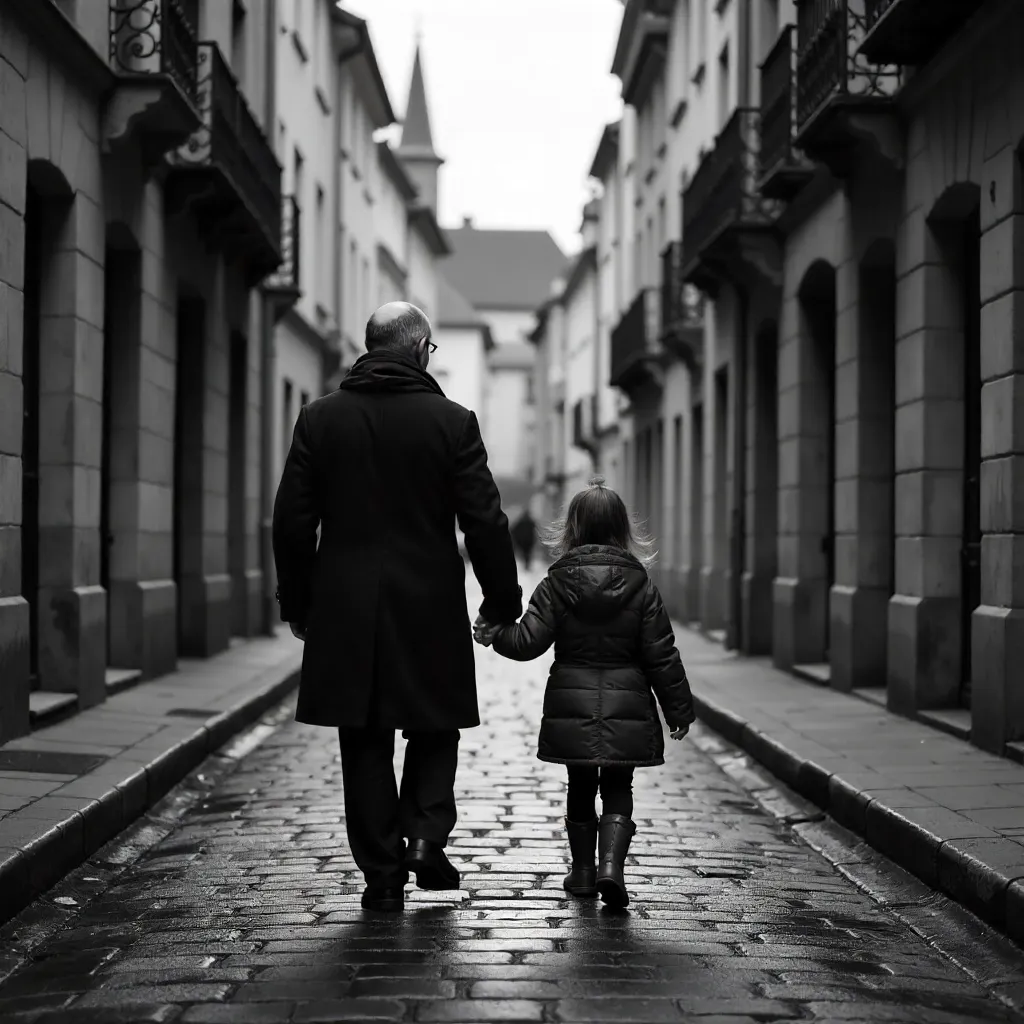 Monochrome Walk in Metz: Father and Daughter