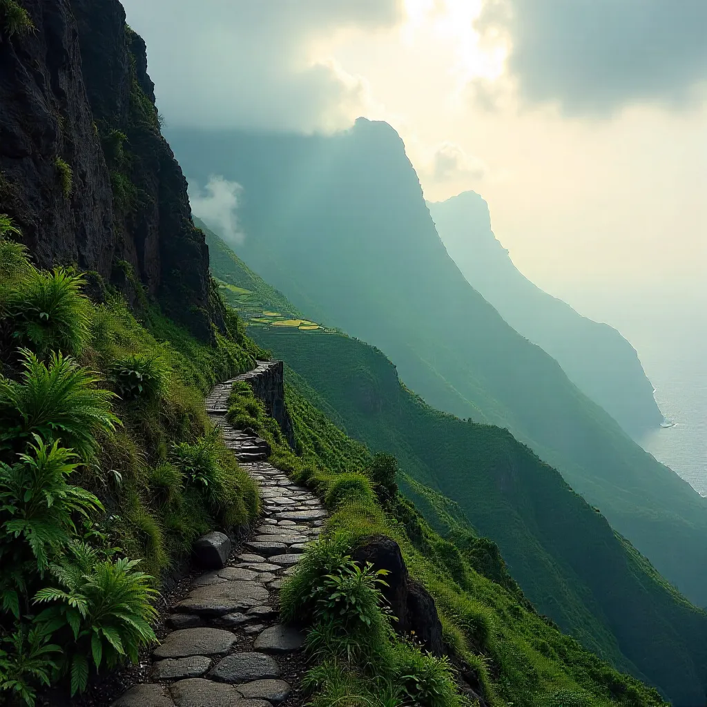 Misty Madeira Mountain Landscape: Lush Green Slopes and Rocks