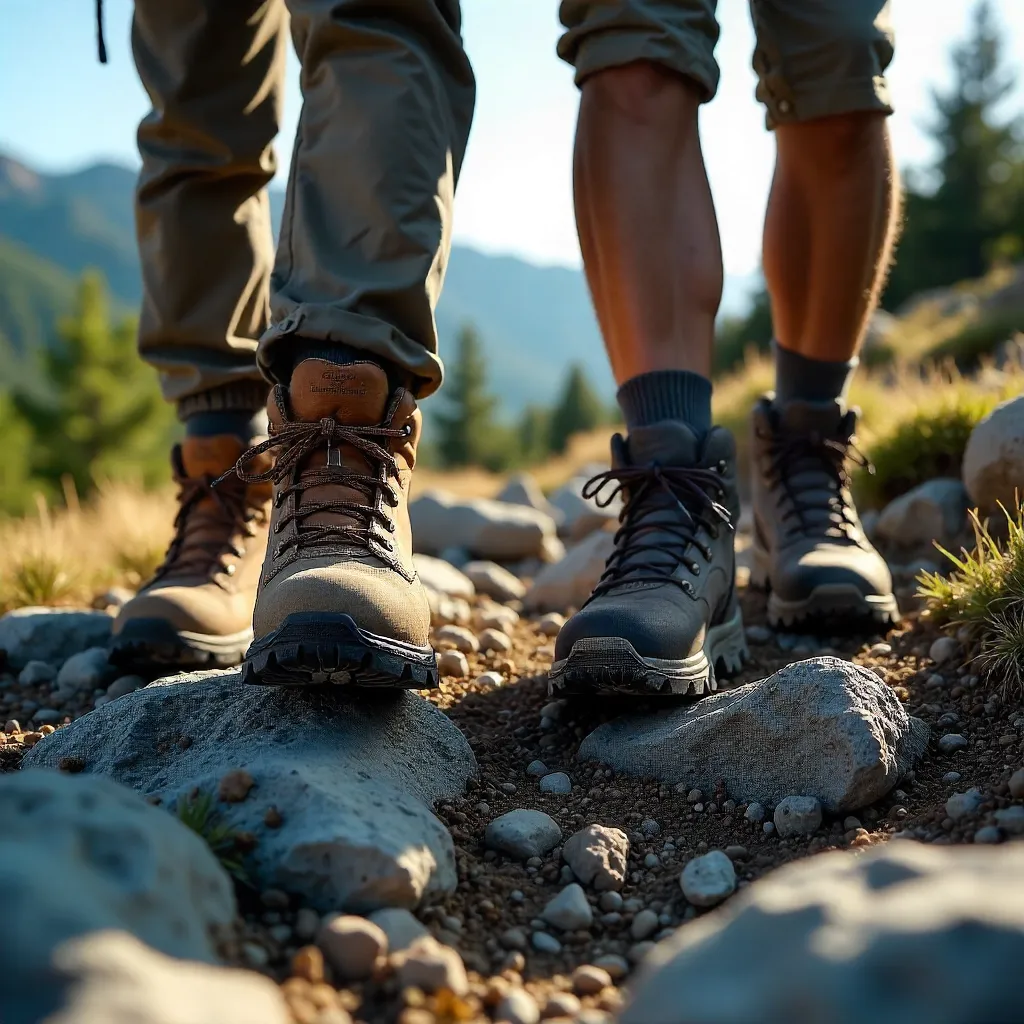 Close-Up of Two Hikers' Rugged Boots on Rocks