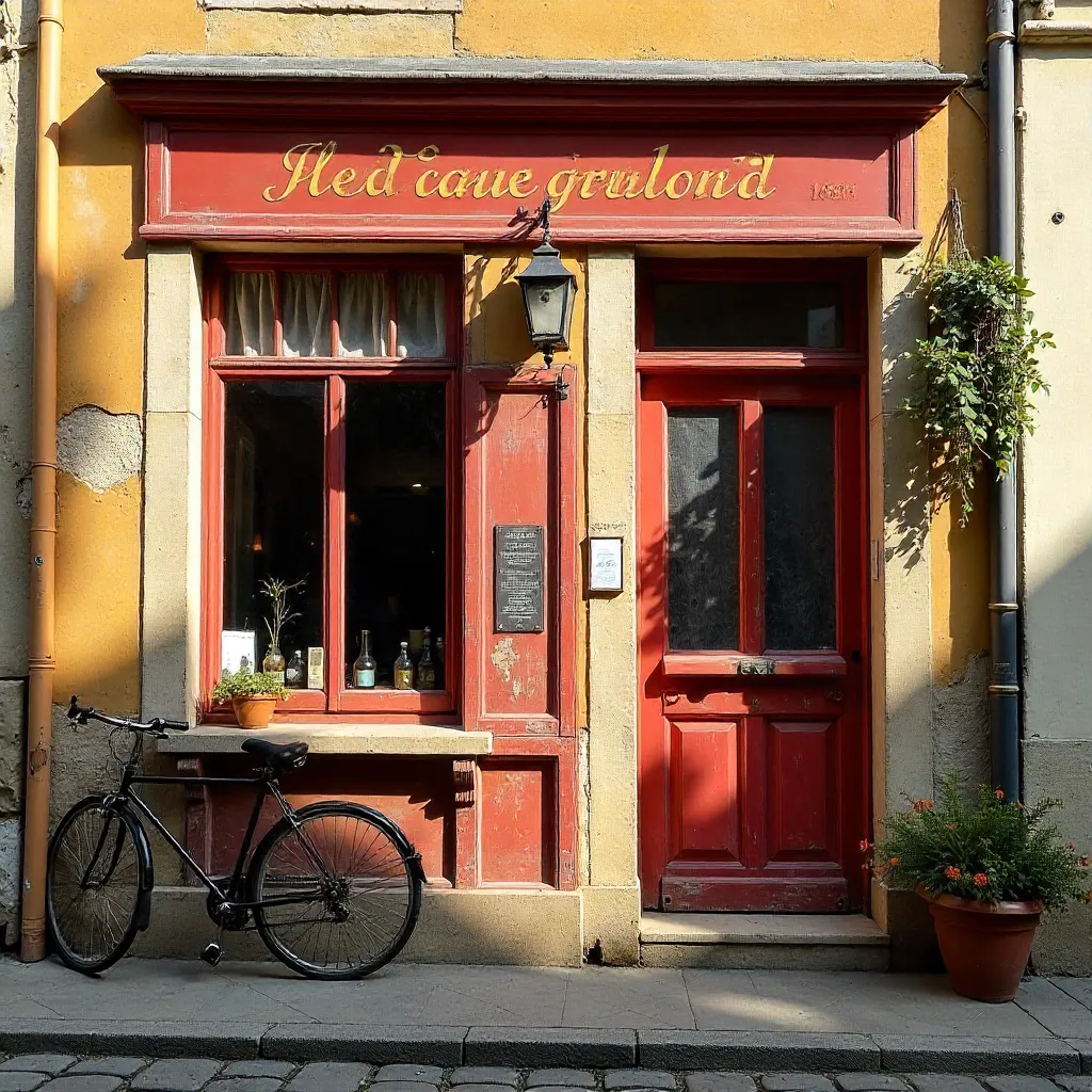 Jonzac Vintage Shopfront with Faded Red Doors