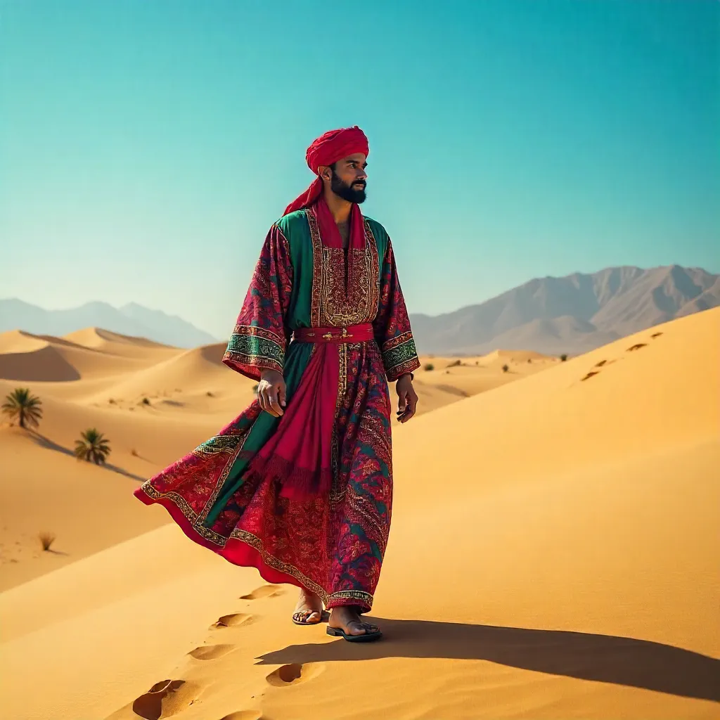 Vibrant Moroccan Attire in Desert Under Blue Sky