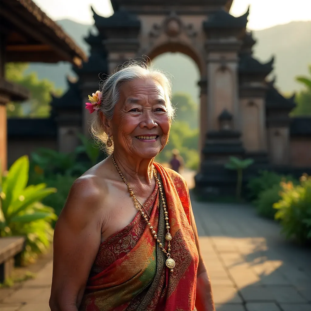 Smiling Balinese Elder in Front of Temple Architecture