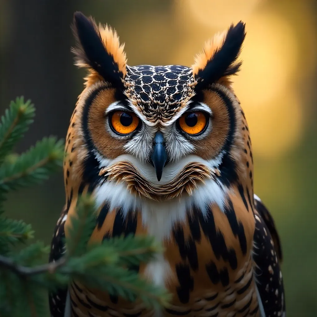 Close-Up Eurasian Eagle Owl with Orange Eyes in Forest