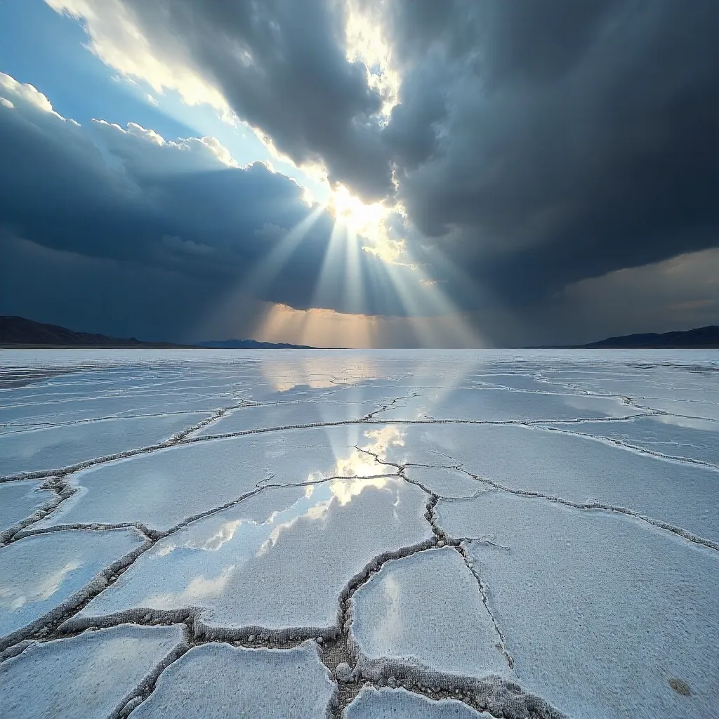 Cracked Salt Flat Under Dramatic Clouds