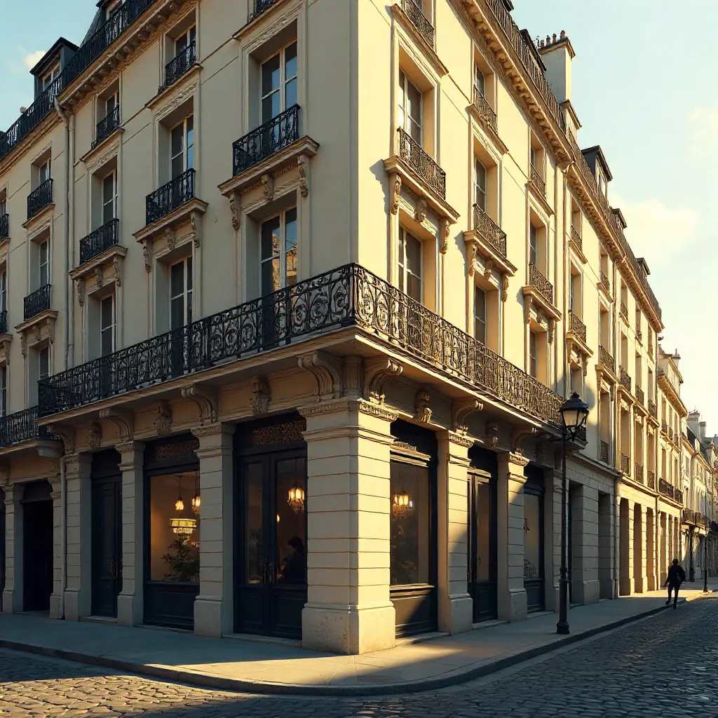 Sunlit Haussmann Corner Facade in Paris