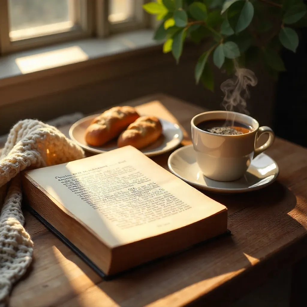 Cozy Morning Still Life: Book, Coffee, Biscotti