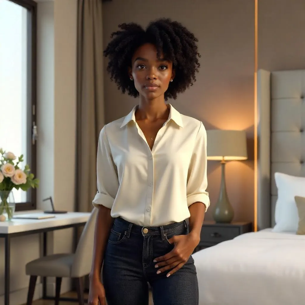 3D Render: Young Black Woman in a Hotel Room
