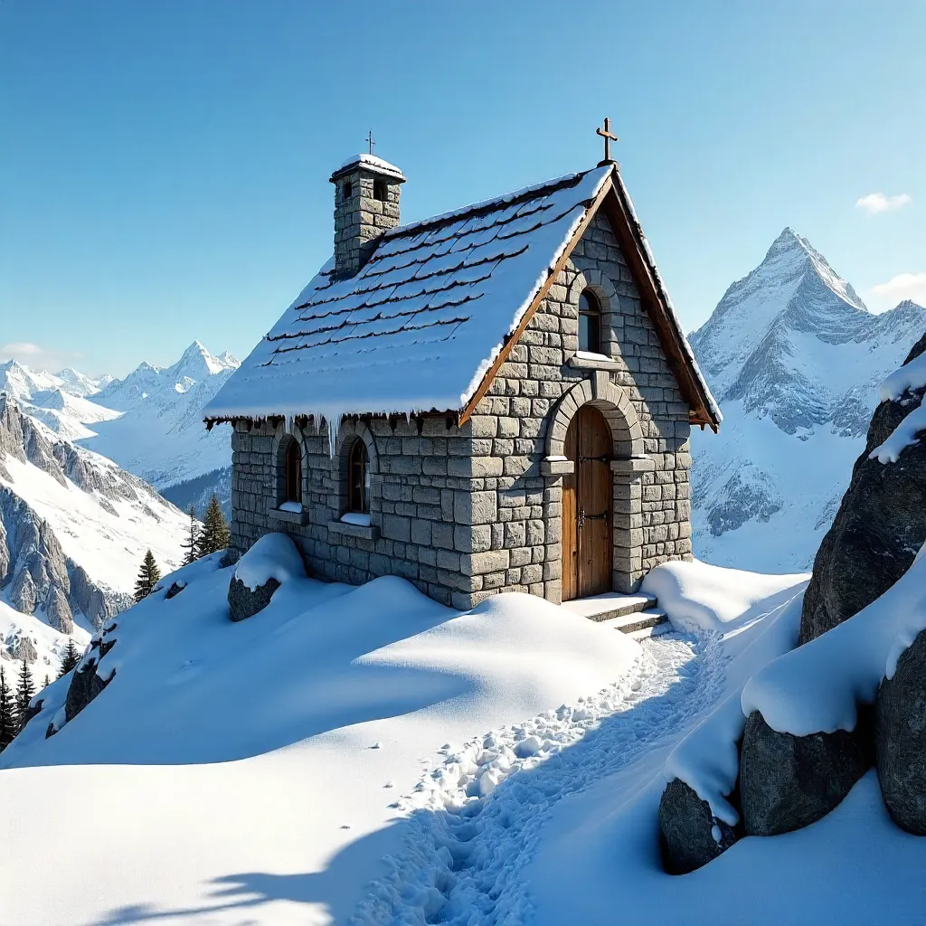 Snowy Stone Chapel on Zugspitze under a Blue Sky