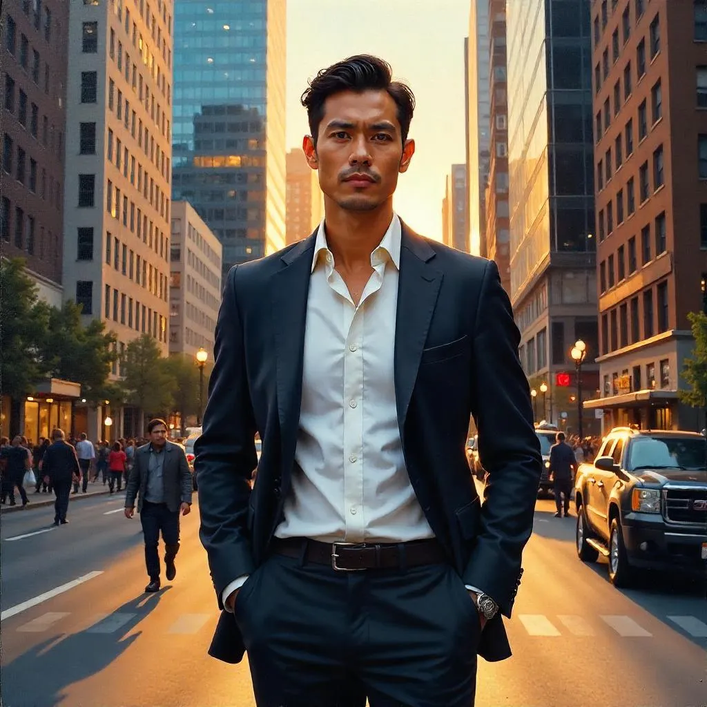 Confident Asian Man in an Urban Oil Portrait