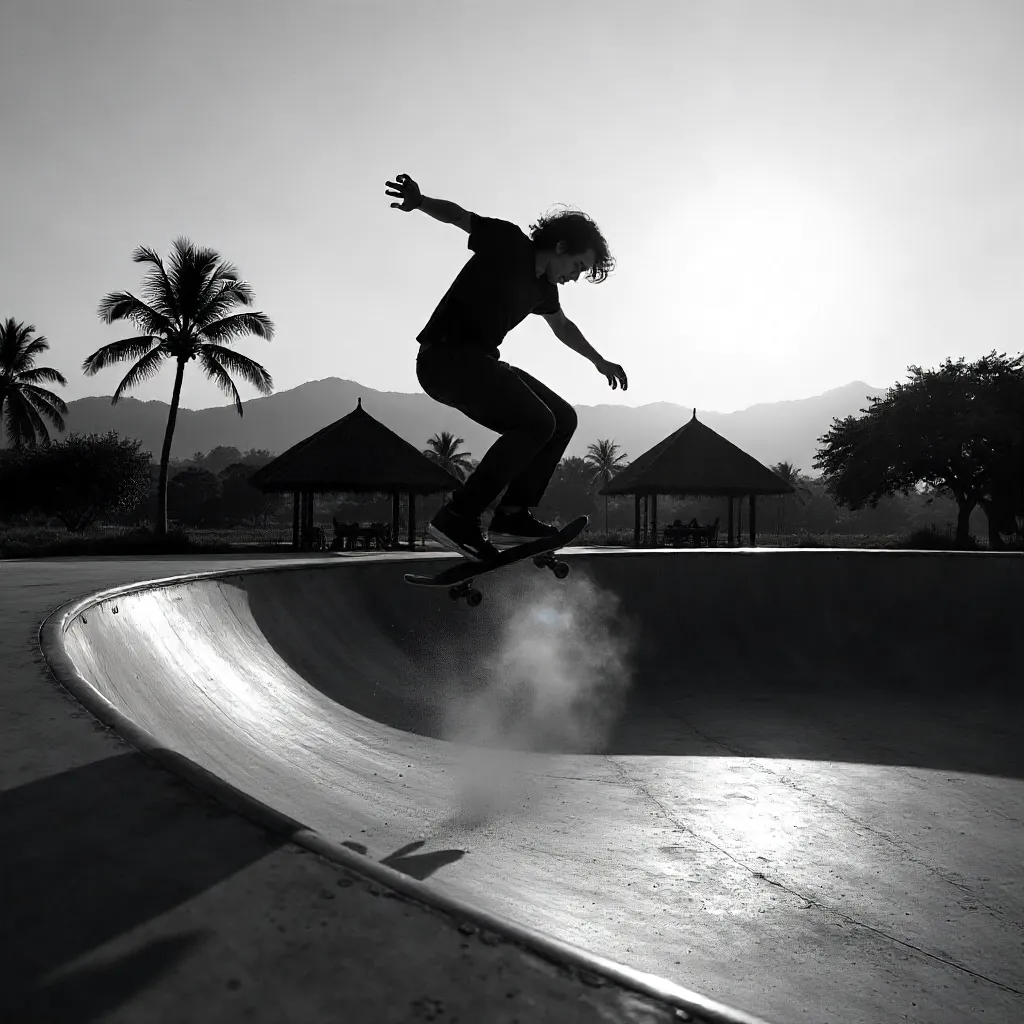 Monochrome Bali Skater Trick at Dusk