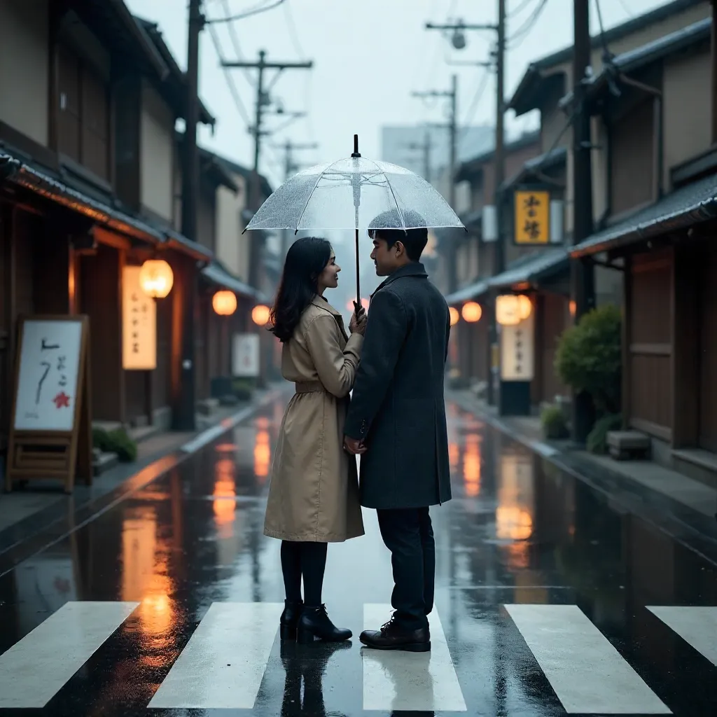 Couple Under a Shared Umbrella at a Kyoto Crosswalk