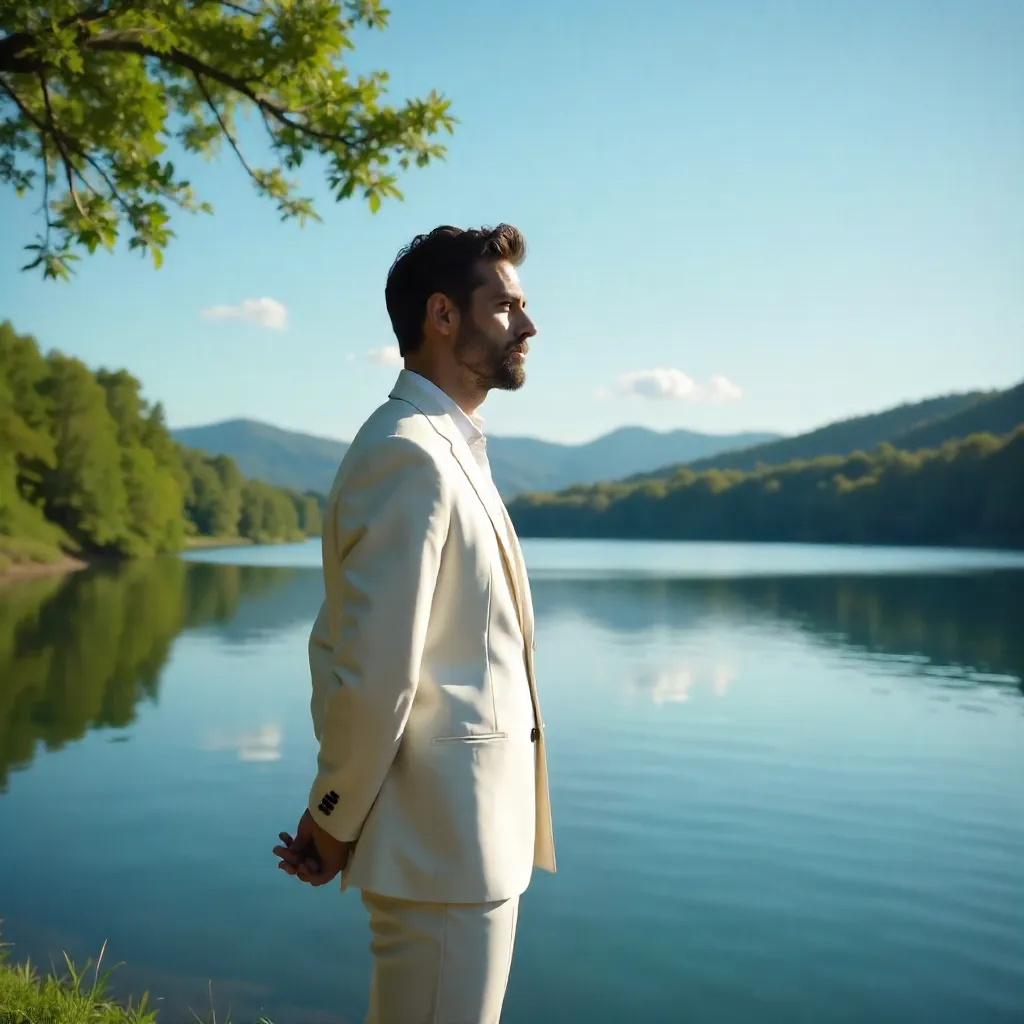 Contemplative Man in a White Suit by a Serene Lake