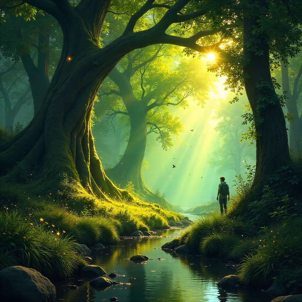 Sunlit Enchanted Forest: Tranquil Towering Trees