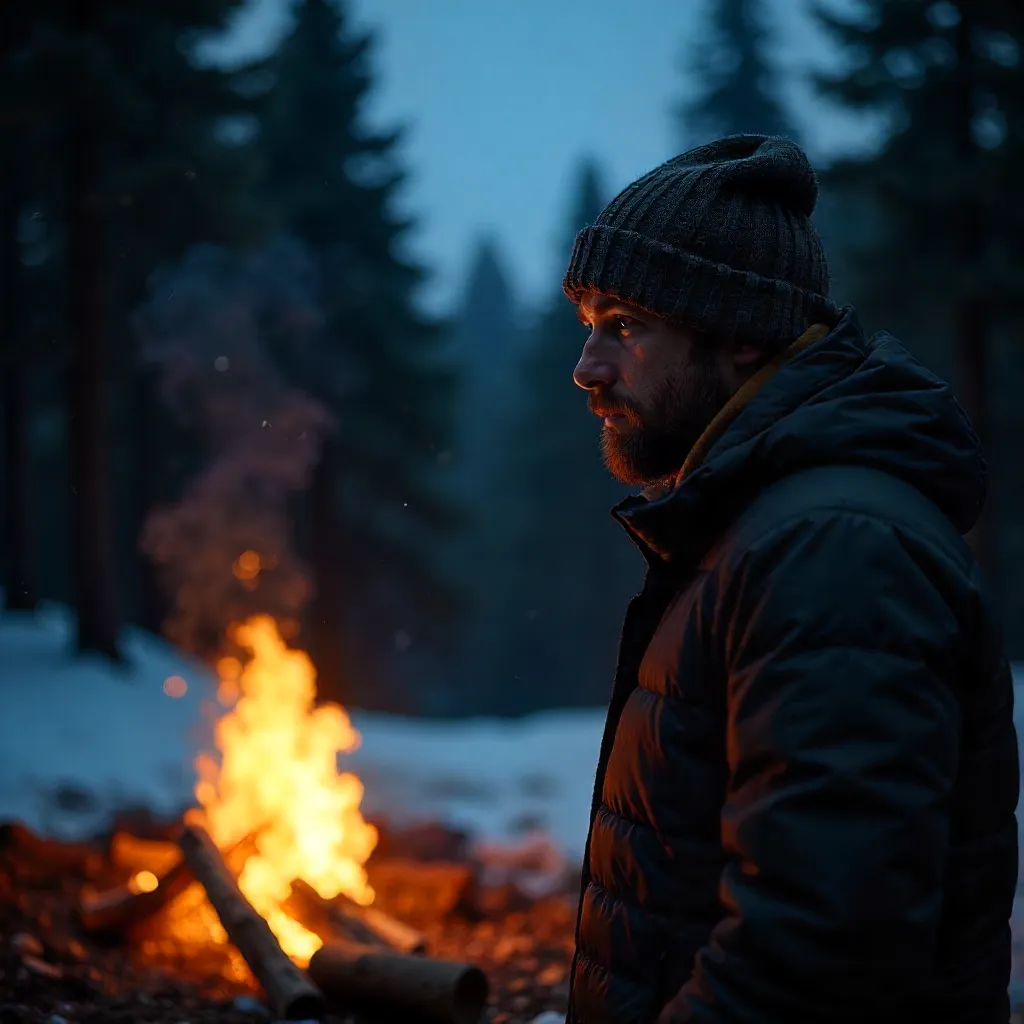 Gazing at the Glowing Campfire: Man in a Beanie
